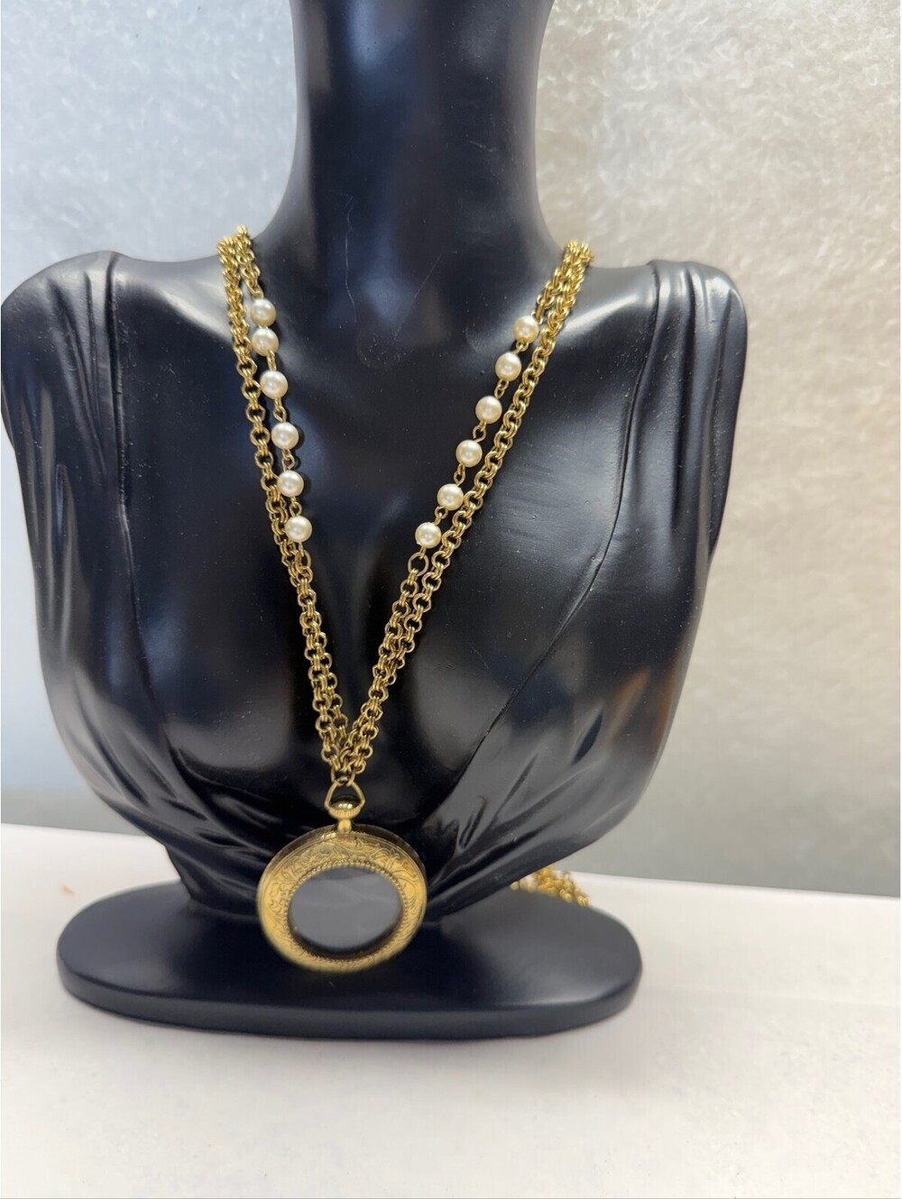 Vintage Style Gold Tone Faux Pearl Locket Pendant Necklace Double Chain